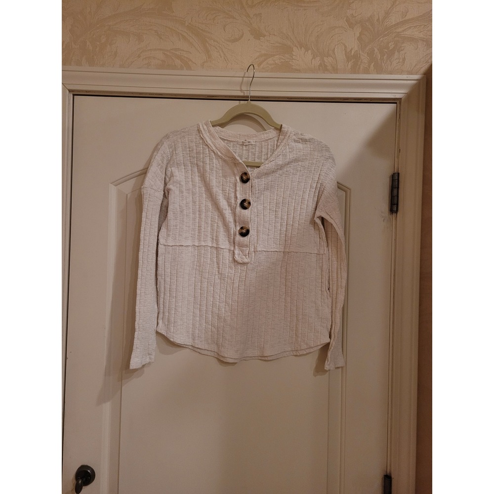 Maurices Womens Cream Ribbed Henley Long Sleeve Button Top Oatmeal Small